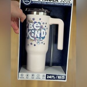 Life Is Good Be Kind Floral Travel Mug - Cream and Blue